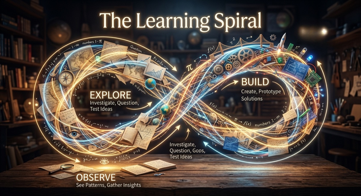 The Learning Spiral — the repeating cycle of observe, explore, design, build, explain, reflect